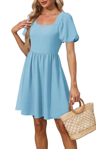 OFEEFAN Women Puff Sleeve Square Neck Tie in Back Dresses with Zipper - color: Baby Blue, size: X-Large