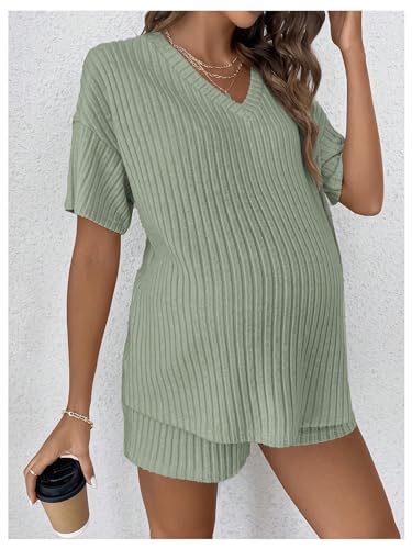 SweatyRocks Maternity 2 Piece Outfits T Shirts and Elastic Waist Shorts Set - color: Green, size: Medium