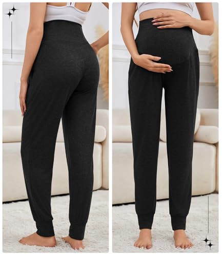 3 Pack Women's Maternity Sweatpants Over The Belly Pregnancy Jogger Pants Stretchy Maternity Pants with Pockets - color: Black/Light Coffee/Apricot, size: Medium