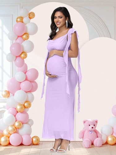 Women's Maternity Draped Neck Ruffle Bodycon Baby Shower Dress - color: Violet, size: X-Large