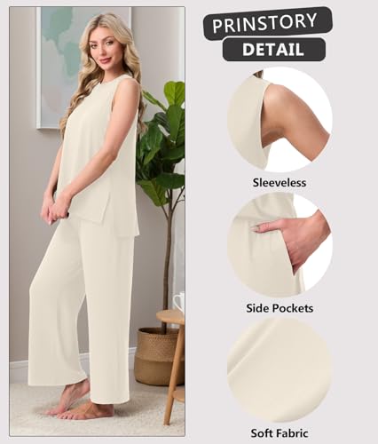 PrinStory Womens Pajamas Sets Sleeveless Pjs Set S-4XL - color: Beige Apricot, size: Large