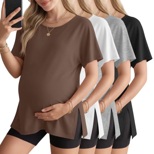 4 Pack Women Maternity T-Shirts Pregnancy Tops - color: Brown, White, Light Gray, Black, size: Large