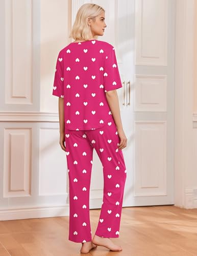 Ekouaer 2 Pack Womens Pajamas Sets Short Sleeve Long Pants Pjs Lounge Set - color: Rose Heart/Light Blue Striped, size: Small