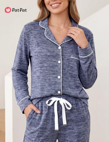 PATPAT Pajama Sets for Women 2 Piece Button-Down Sleepwear Soft Lounge Set - color: Blue, size: X-Large