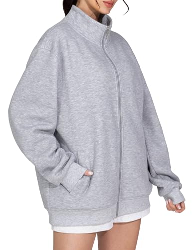 THE GYM PEOPLE Women's Oversized Zip Up Sweatshirts Fleece Mock Neck Jacket - color: Heather Grey, size: Medium