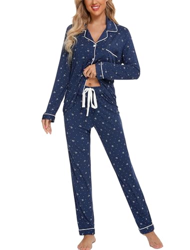 Leikar Button Up Pajamas For Women Long Sleeve Viscose Soft Pjs Lounge - color: Blue White Heart, size: Medium