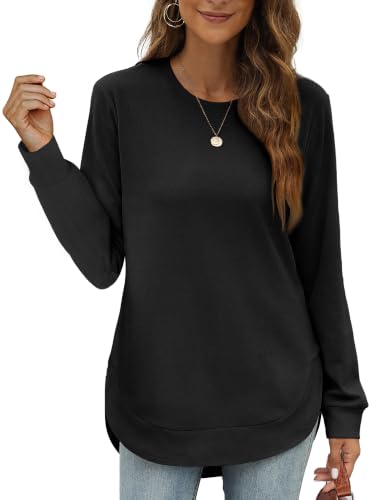 OFEEFAN Womens Sweatshirt Crewneck Long Sleeve Shirts High Low Tops Curved Hem - color: B-black, size: Medium