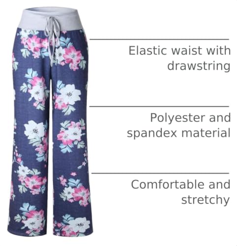 iChunhua Women's Comfy Stretch Floral Print Drawstring Palazzo Wide Leg Lounge Pant - color: Blue-white Flower, size: Medium