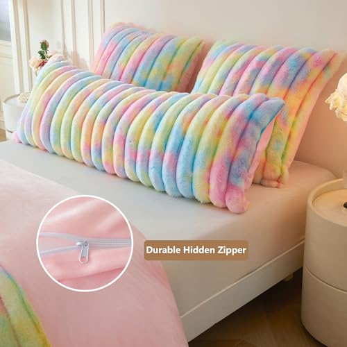 MEGO Fluffy Faux Rabbit Fur Ribbed Body Pillow Cover 20x54, Rainbow - color: Rainbow