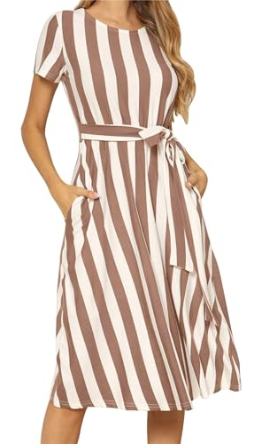 levaca Women's Short Sleeve Striped Casual Flowy Midi Belt Dress with Pockets - size: X-Large