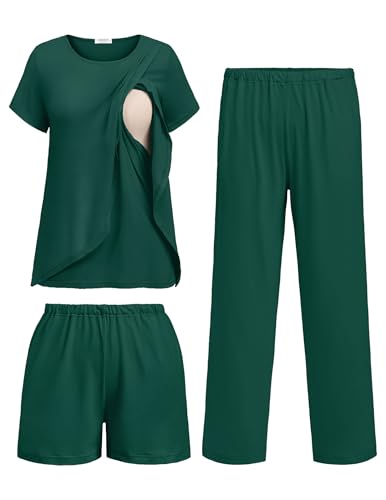 Ekouaer 3 PCS Maternity Nursing Pajamas Set Postpartum Breastfeeding PJS - color: Dark Green, size: XX-Large