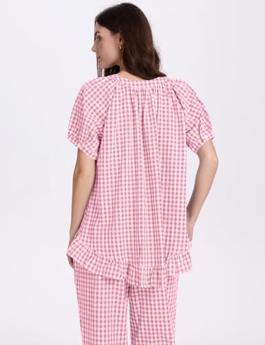 COZYPOIN 100% Cotton Pajamas for Women Set Cute Gingham Lounge Set - color: Pink, size: Large