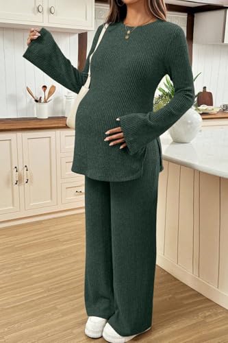 BLENCOT Maternity 2 Piece Outfits Ribbed Knit Long Sleeve Sets - color: Mist Green, size: Medium