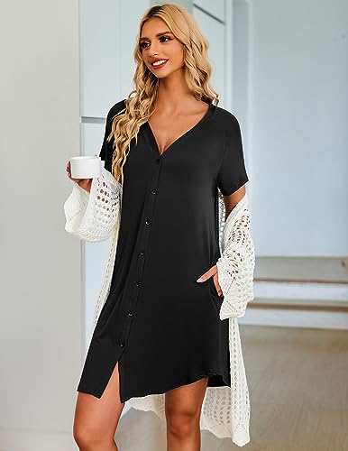Ekouaer Nightgowns for Women Button Down Night Gown with Pockets - color: Black, size: Large