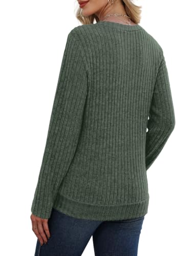 Sampeel V Neck Long Sleeve Shirts Button Side Sweaters Color Block Tops - color: Green, size: X-Large