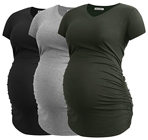Smallshow Women's V Neck Maternity Clothes Tops Side Ruched Pregnancy T Shirt - color: Army Green/Black/Light Grey, size: Medium
