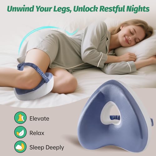 Leg & Knee Memory Foam Support Pillow for Side Sleepers, Cooling Cushion for Side Sleeping, Knee Pain Relief, Orthopedic Leg Pillow with Adjustable Strap, Removable Washable Blue and White Cover