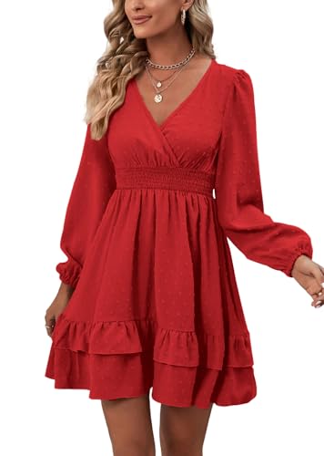 Rooscier Women's Wrap V Neck Swing Ruffle Swiss Dots Long Sleeve Mini Dress - color: Solid Red, size: X-Small