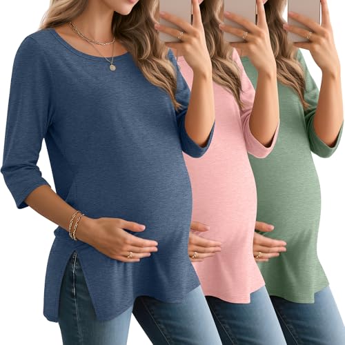 3 Pack Women's 3/4 Sleeve Maternity Loose Crewneck Tops - color: Gray Blue, Light Pink, Light Green, size: XX-Large
