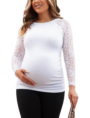 Women's Maternity Shirts Lace Long Sleeve Pregnancy Tops Tee Tunic Blouse Side Ruched Mama Clothes