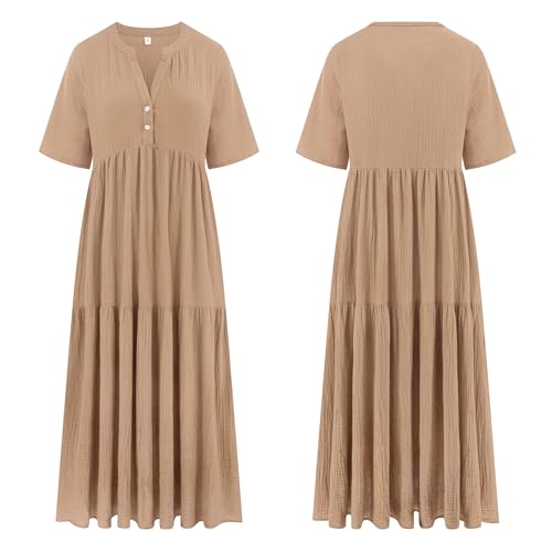 R.Vivimos Womens Summer Cotton Casual Flowy Maxi Dress - color: Light Khaki, size: X-Large