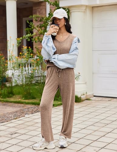 Ekouaer Fall Pajamas for Women Set Long Sleeve V Neck 2 Piece Lounge Sets - color: Brown, size: X-Large