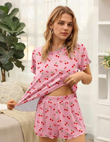 Ekouaer Womens Pajamas 2 Piece Ribbed Knit Pjs Short Sleeve Lounge Sets - color: Cherry, size: X-Large