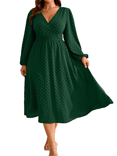 RWJ Women's Plus Size Fall Wedding Guest Dress V Neck Swiss Dot Long Sleeve - color: Emerald Green, size: X-Large Plus