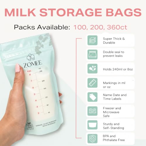 Zomee 8oz Breast Milk Storage Bags 360ct, Leakproof, BPA-Free, Freezer Safe - size: Pack of 360