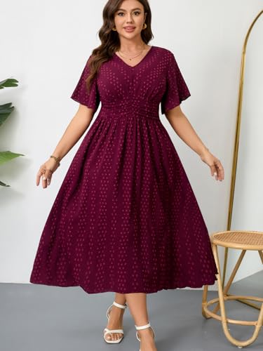 RWJ Women's Plus Size Maxi Dress V Neck Short Sleeve Swiss Dot Swing Summer - color: Wine Red, size: 3X-Large Plus
