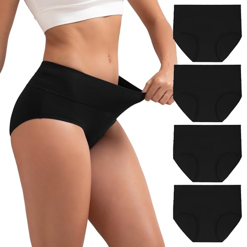 INNERSY Women's Cotton Underwear High Waist Ladies Briefs Full Coverage Panties 4-Pack - color: Black, size: Small