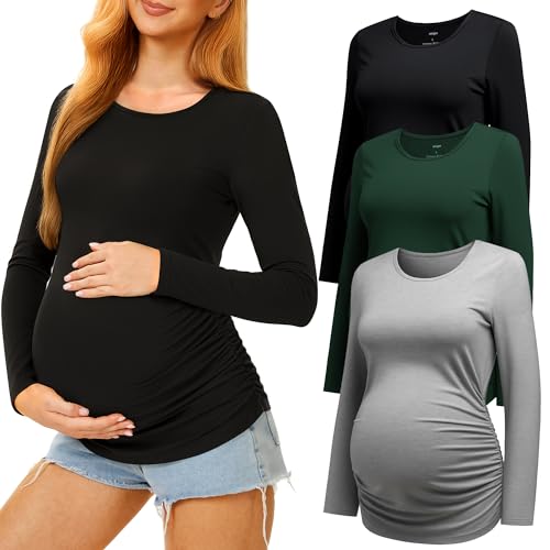 3 Pack Maternity Shirts Long Sleeve Crew Neck Pregnancy Top for Women - color: Black/Dark Green/Light Grey, size: Large