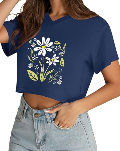 Womens Crop Tops Short Sleeve V Neck Summer Cropped T Shirts Baisc Tees - color: Dark Blue Daisy, size: Small