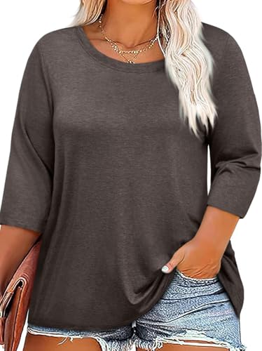 ZDC Womens Plus Size Shirts 3/4 Sleeve Tops Casual Crew Neck Blouse - color: Brown, size: XX-Large