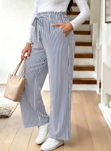 BLENCOT Striped Maternity Pants Tie Waist Fall Pregnancy Postpartum Outfits - color: Blue, size: Small