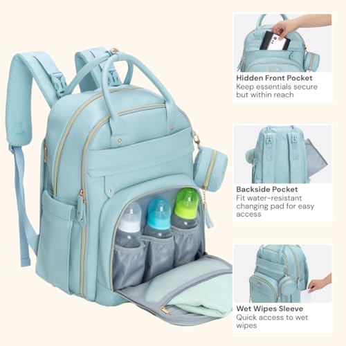 BabbleRoo Leather Diaper Bag Backpack - Baby Essentials Travel Baby Bag, Multi function, Water Resistant, with Changing Pad, Stroller Straps & Pacifier Case – Unisex, Powder Blue - color: Vegan Leather Powder Blue, size: Large