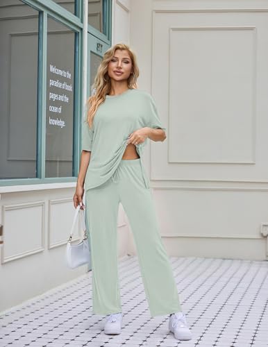 Ekouaer Women's Lounge Sets Short Sleeve Top Long Pants 2 Piece Outfit Set - color: Light Pink&light Green, size: X-Large