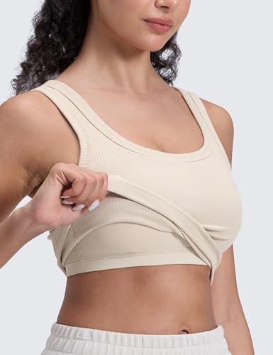 CRZ YOGA Ribbed U Neck Crop Tank Tops - color: Mojave Tan, size: Large