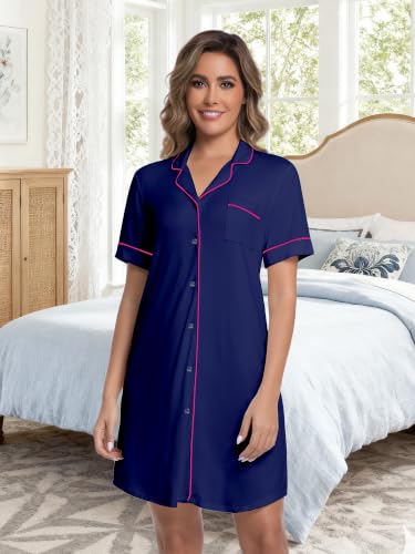 Womens Nightgown Bamboo Viscose Button Down Night Gowns - color: Blue With Magenta Piping, size: Small