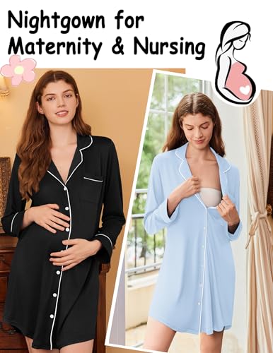 Ekouaer 2 Pack Nightgowns for Women Long Sleeve Button Down Sleep Shirt - color: Black/Light Blue, size: Medium