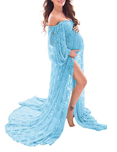 Saslax Sheer Lace Off Shoulder Maternity Maxi Dress for Photoshoot - color: Blue, size: Large