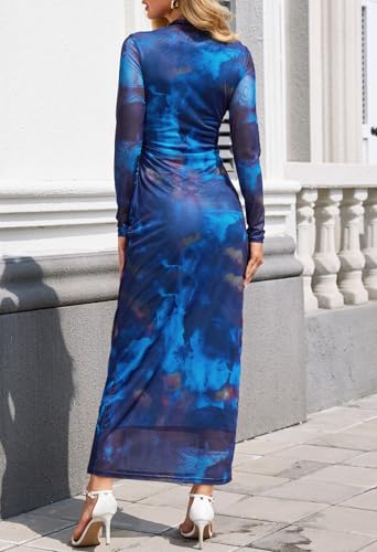 MEROKEETY Womens Fall Long Sleeve Floral Wedding Guest Maxi Dress - color: Blue, size: Large