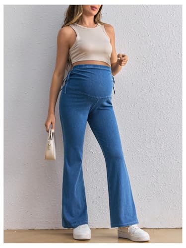 MakeMeChic Women's Maternity Jeans Elastic High Waisted Flared Leg Pregnancy Denim Pants - color: Blue, size: Medium