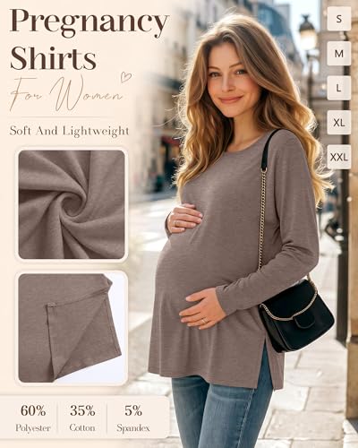 Riyiper 3 Pack Women Maternity Shirts Long Sleeve Pregnancy Tops - color: Camel, Cream, Black, size: X-Large