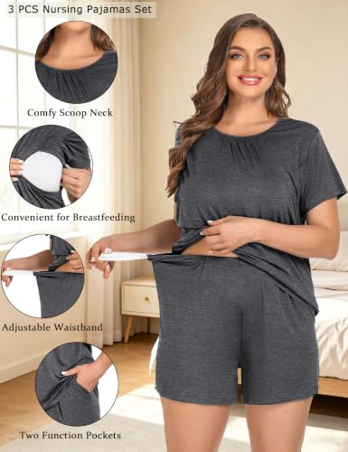 SWOMOG Women 3Pcs Maternity Pajama Set Nursing Pjs Pregnancy Set Breastfeeding Pjs Double Layer with Pockets - color: Deep Grey, size: X-Large