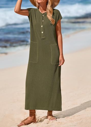 KIRUNDO Womens Summer Ribbed Knit Short Sleeve Maxi Dress - color: Army Green, size: Large