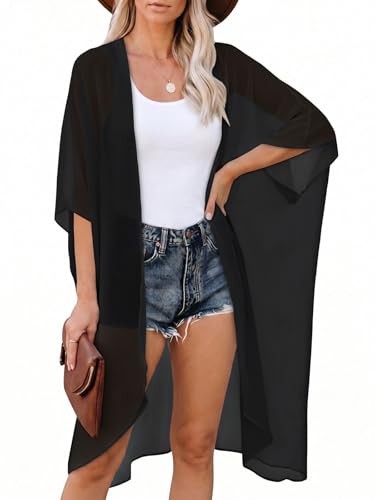 Kimonos for Women Swimsuit Coverup Beach Casual Outfits Summer Cardigans - color: Black, size: Medium