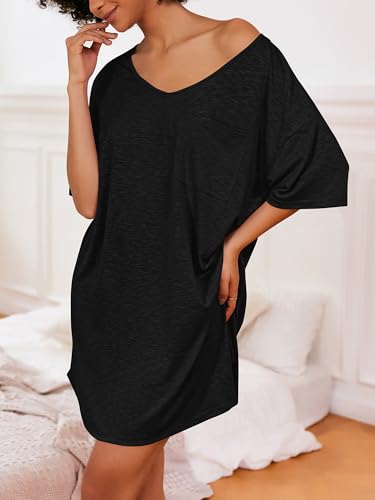 Ekouaer Cotton Nightgowns for Women Oversized Sleep Shirt Tshirt Night Gown - color: Black, size: Medium