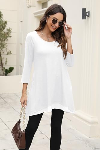 Poetsky Womens 3/4 Sleeve Tunic Tops for Leggings Long Shirts with Pockets - color: White, size: Large