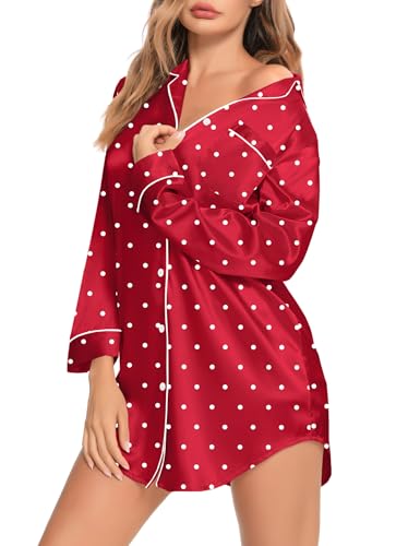 SWOMOG Women's Satin Sleep Shirt Long Sleeve Sleepwear Silk Nightshirt Button Down Pajama Top - color: Red Dot, size: Medium
